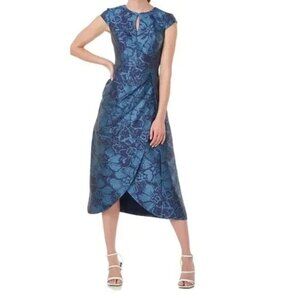 Kay Unger Navy and Teal Patterned Midi Dress